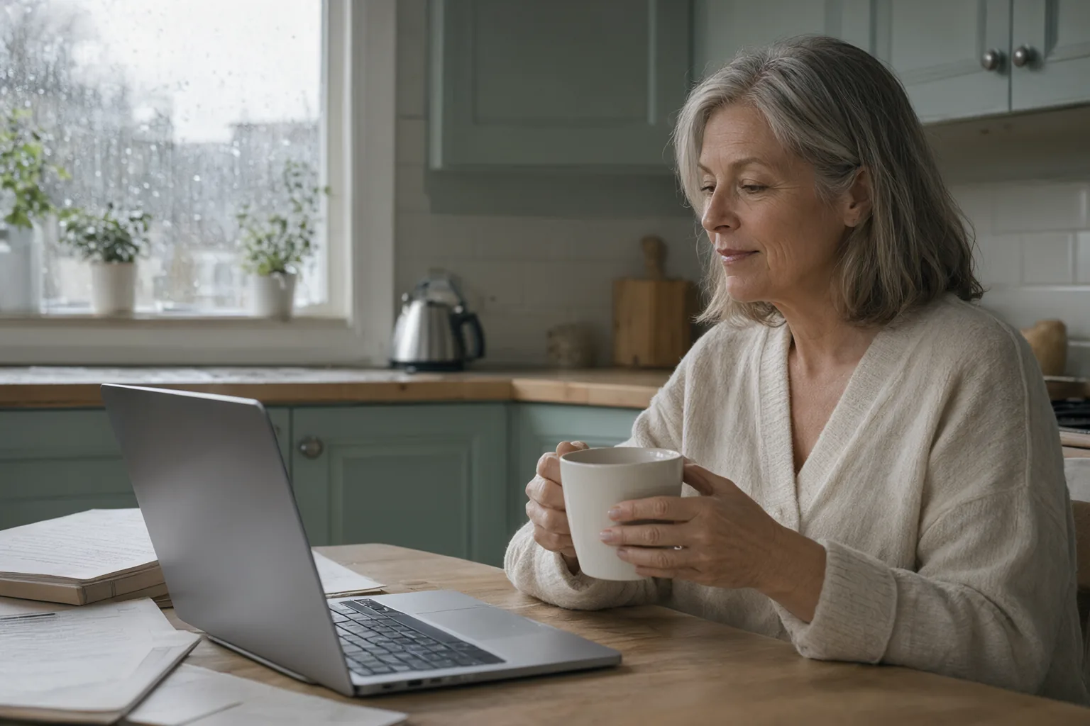 A woman on a video call at her kitchen table on a rainy day