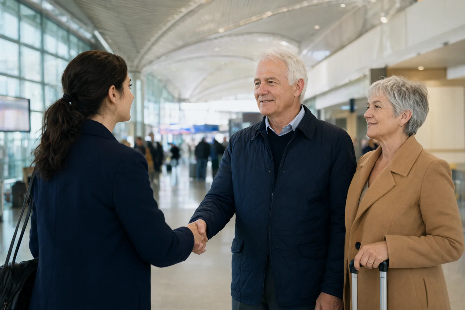 A coordinator greeting a couple in the arrivals hall at Istanbul airport