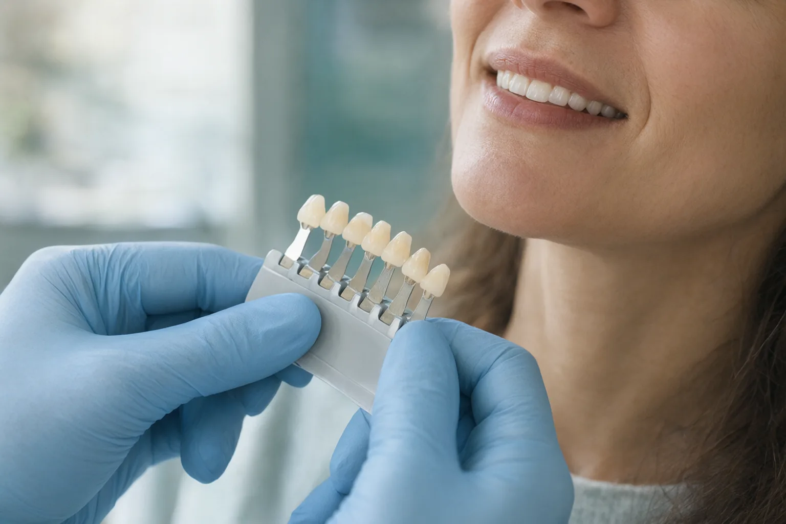 A dentist holding a porcelain shade guide next to a patient's smile