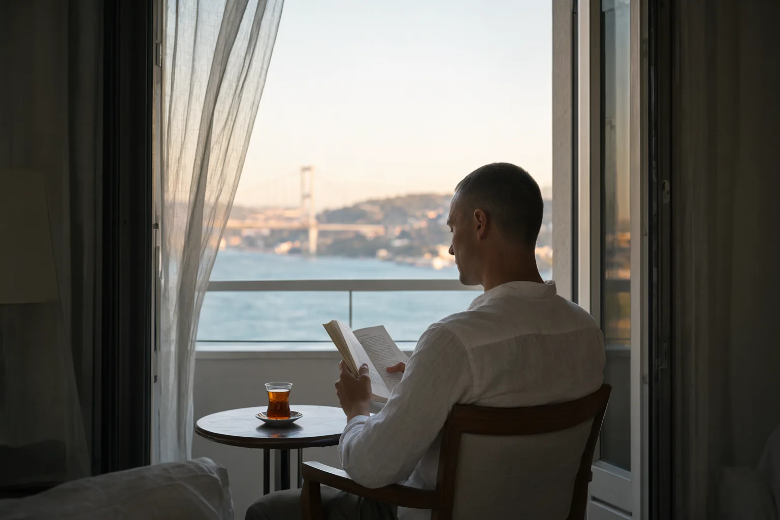 A man reading on a hotel balcony overlooking the Bosphorus